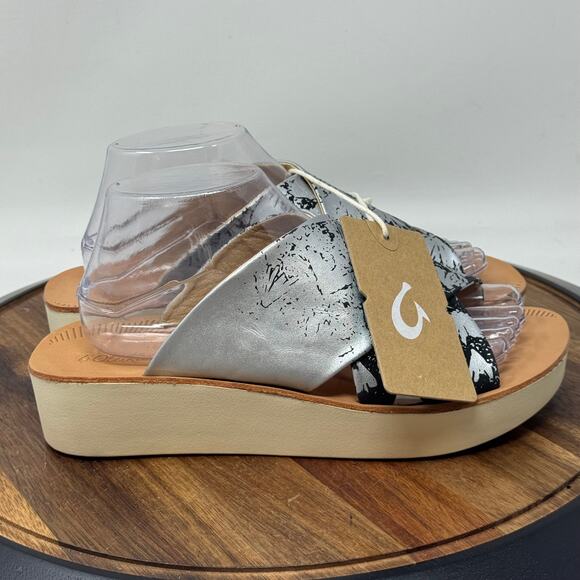 Olukai Ohohi Leather Slide Wedge Sandals Black/Silver Women's 9 NWT - Picture 2 of 10
